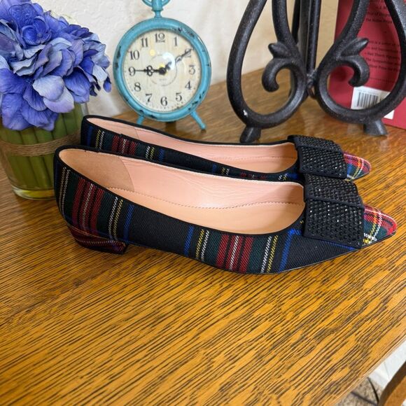 J. Crew Tartan Plaid Flats W/Crystal Bow Sz 8 Preppy, Glam - Picture 1 of 13
